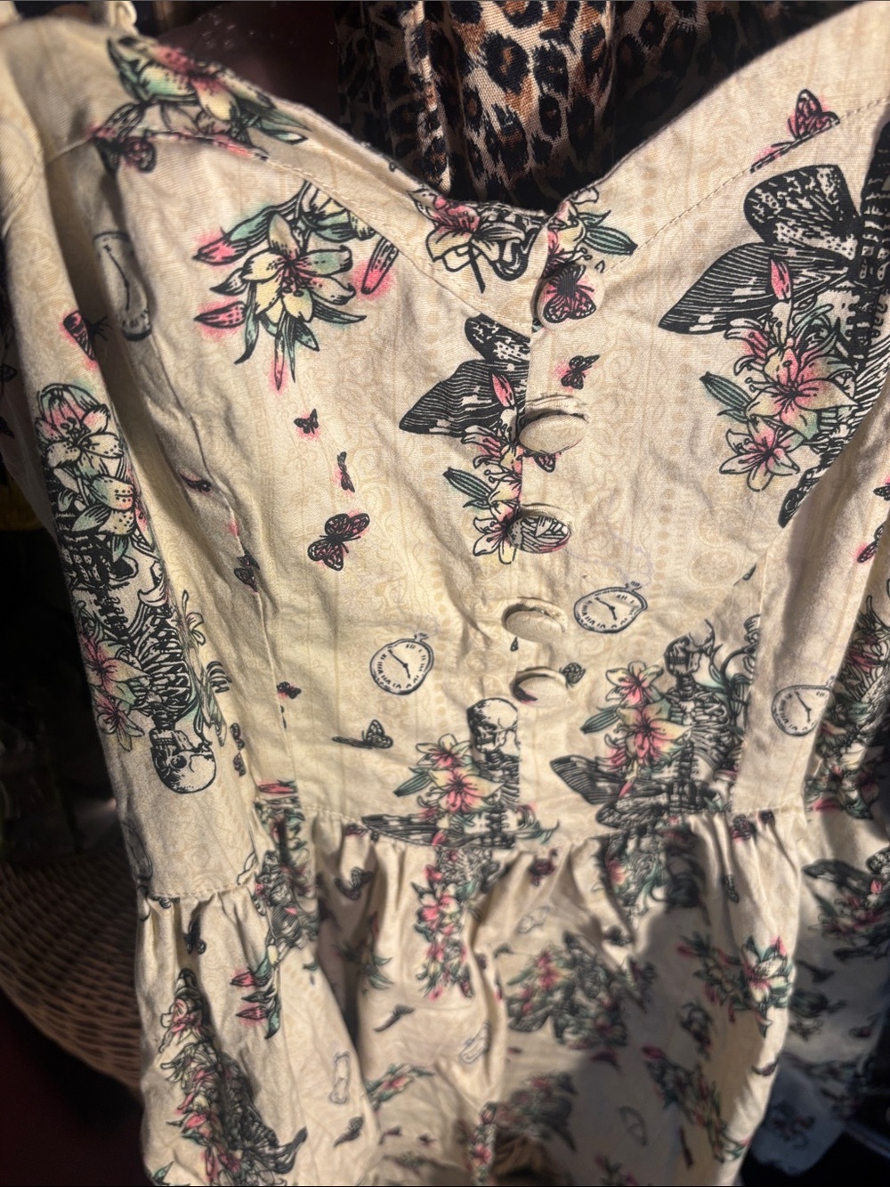 Hell Bunny Cream Midi Dress with Black, Pink & Green Floral Print - Picture 2 of 9